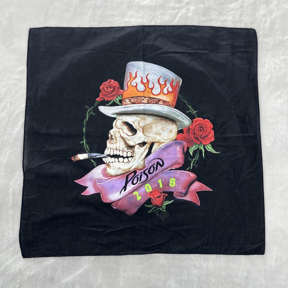 Poison Bandana Mens One Size Black Skull Roses 2018 Tour Kerchief Graphic